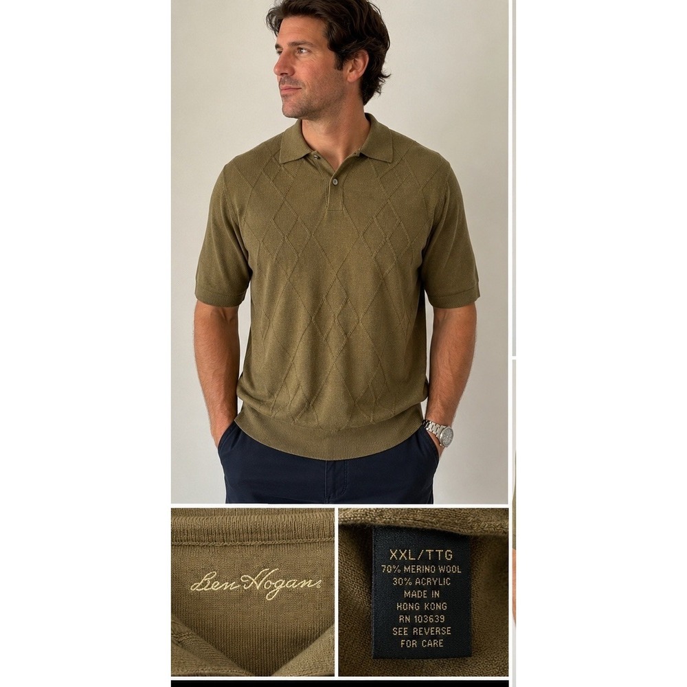 Ben Hogan XXL Merino Wool Blend Argyle Sweater Polo Shirt Olive Brown Golf